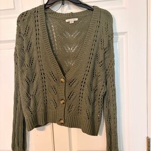 American Eagle Olive Green Lightweight Knit Cropped Cardigan Women's Medium